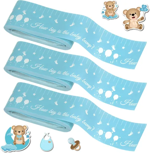 Juegos de baby shower para género neutro How Big is Mommys Belly Tape de 150 pies de medida Cinta métrica de vientre embarazada oso Baby Shower Azul