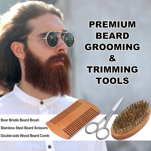 Miniatura 5 de Kit de barba, kit de aseo de barba para hombres con navaja recta, 2 paquetes de aceite para barba, lavado, bálsamo, cepillo, peine, tijeras. Regalos