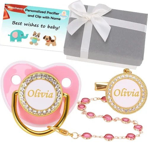 Miniatura 16 de Chupete personalizado con nombre, juego de clip para chupete dorado brillante con caja de regalo, tarjeta de felicitación, lujoso chupete de cristal