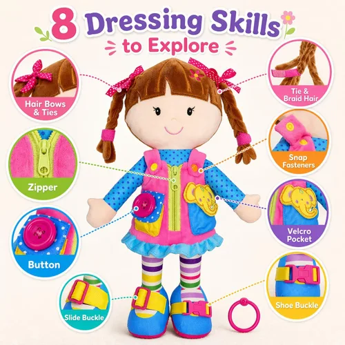 Miniatura 2 de June Garden Dressy Friends Belle de 15.5 pulgadas, muñeca de peluche educativa para niños y niños pequeños de 2 años en adelante, juguete suave
