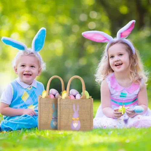 Miniatura 6 de 3 bolsas de arpillera de Pascua, cesta de Pascua de conejo, artículos esenciales de búsqueda de huevos de primavera, bolsa de regalo para niños
