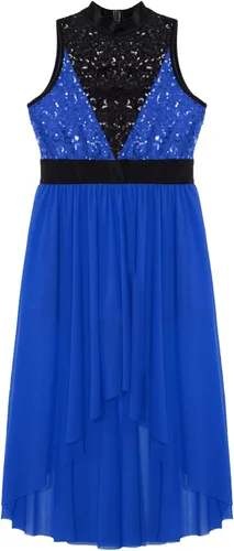 Miniatura 5 de TiaoBug Vestido de baile de ballet lírico con lentejuelas para niñas, falda alta y baja, disfraz de salón moderno y contemporáneo de jazz latino