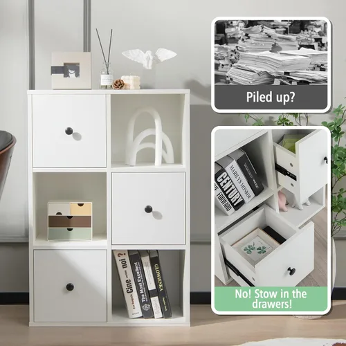 Miniatura 5 de GOFLAME Estantería de pie, organizador de almacenamiento de 3 niveles con 3 cubos y 3 cajones, estantería moderna con dispositivo anti-caída