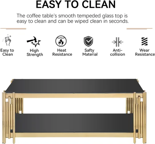 Miniatura 5 de Mesa auxiliar rectangular de vidrio de 48 pulgadas, mesa de centro de 2 niveles con parte superior de vidrio templado negro, patas de acero