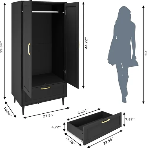 Miniatura 2 de Armario Morden para dormitorio, armario con barra para colgar, 60 pulgadas, 2 puertas, para ropa con cajones, armario de almacenamiento Morden, Negro