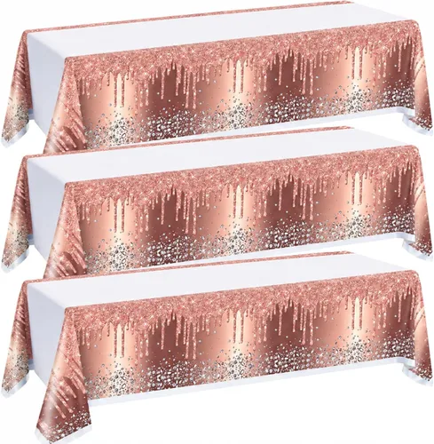 3 manteles desechables de polietileno de 71 x 42 pulgadas con diamantes, color oro rosa, para cumpleaños, bodas, baby shower, aniversario, fiesta
