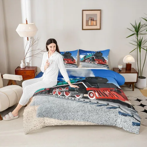 Miniatura 4 de Erosebridal Juego de edredón de tren tamaño individual, juego de ropa de cama de motor de vapor 3D para niños, juegos de edredón de vehículos