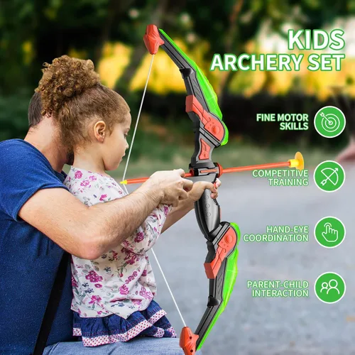 Miniatura 4 de TEMI Juego de arco y flecha para niños con luces LED, juego de tiro con arco con 10 flechas de ventosa, carcaj y objetivo de pie, juguetes al aire