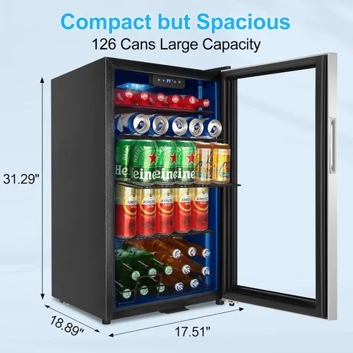 Miniatura 3 de Refrigerador de bebidas para 126 latas, mini refrigerador de bebidas pequeño enfriador de bebidas de acero inoxidable con puerta de vidrio y Acero