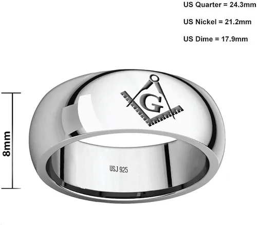 Miniatura 3 de US Jewels Anillo de plata de ley 925 de 0.315in de media ronda Masonic Master Mason