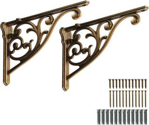 Miniatura 6 de Soportes de estante de 4 pulgadas, paquete de 4 soportes de pared de latón antiguo de alta resistencia, estantes decorativos de cocina victoriana