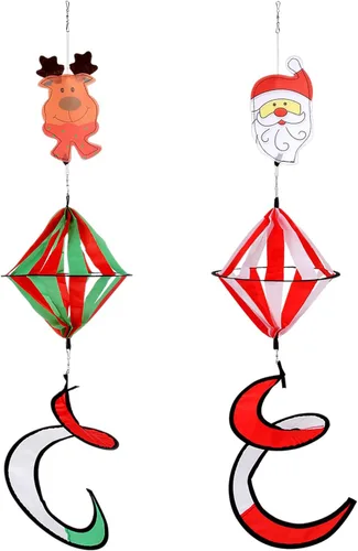 Paquete de 2 molinos de viento rizados, diseño de Papá Noel, muñeco de nieve de Navidad de 40 pulgadas, decoración de molino de viento colgante con