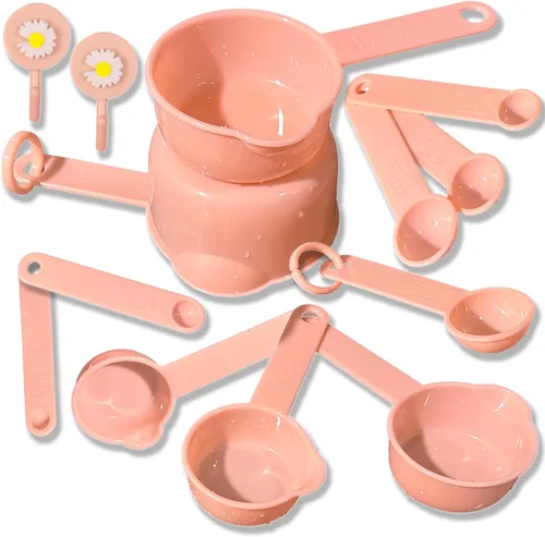 Juego de 11 tazas medidoras y cucharas medidoras rosadas, bonita cucharada de plástico precisa, herramientas de medición de ingredientes de cocina,