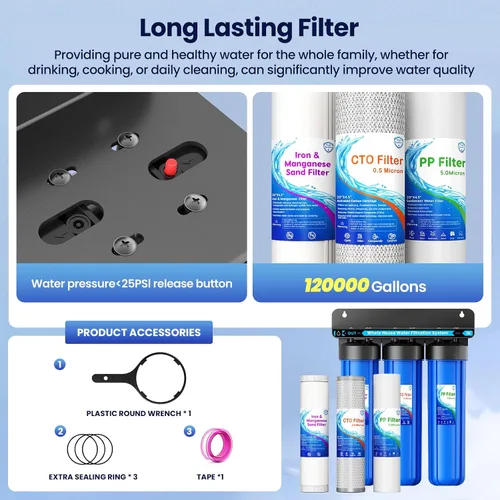 Miniatura 8 de Sistema de filtro de agua para toda la casa, 3 etapas de eliminación de hierro y manganeso, filtro de 20 x 4.5 pulgadas, con filtro de sedimentos
