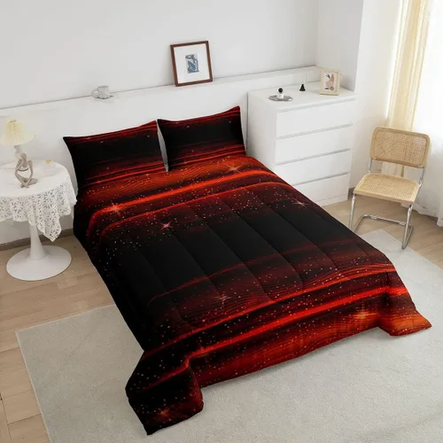 Miniatura 2 de Juego de edredón de color rojo y negro degradado, juego de ropa de cama de galaxia espacial para niñas, tamaño matrimonial, edredón geométrico