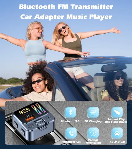 Miniatura 7 de Adaptador Bluetooth 5.3 para automóvil con transmisor FM y carga rápida PD de 42 W, receptor de música inalámbrico AUX/USB, llamadas manos libres