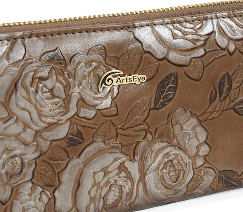 Miniatura 7 de ArtsEye Cartera larga con cremallera alrededor de cuero genuino en relieve rosa, Gris