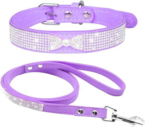 Miniatura 21 de Conjunto de Collar y Correa para Mascotas, Bonito y Deslumbrante de Ante Suave con Diamantes de Imitación de Cristal, Collar y Correa para Gatos