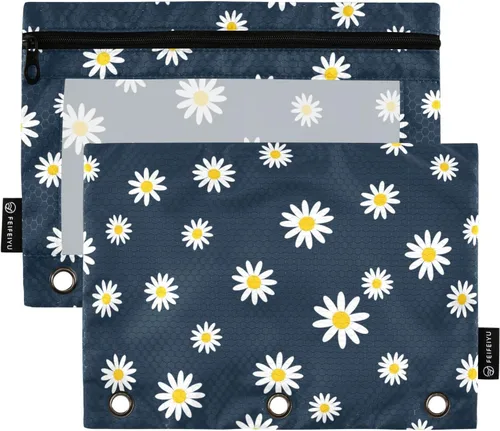 Gredecor Estuche para lápices con 3 anillas, color azul marino, flor y margarita, con cremallera, 2 unidades, organizador transparente para carpeta