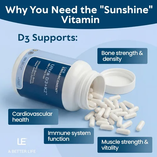 Miniatura 6 de Life Enhancement Vitamina D3 K2 2000iu apoya la salud muscular y cerebral - Suplemento D3 K2 ayuda en el apoyo inmunológico y cardiovascular