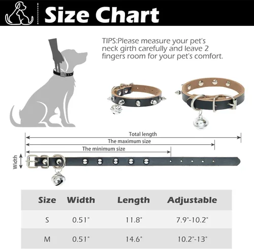 Miniatura 5 de BINGPET Collar de piel con clavos para gatos con campanas, collar de perro tachonado con hebilla, collares góticos suaves para gatitos con púas