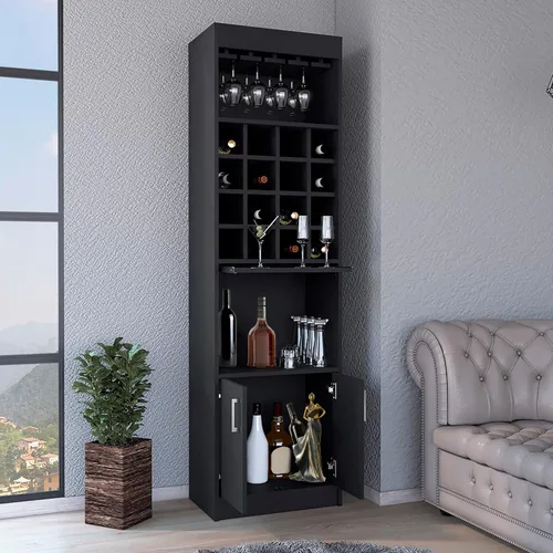 Miniatura 3 de Armario alto de bar con 16 estantes para vino y soporte para vasos, armario de licor de granja con 2 puertas, estante abierto, bandeja extraíble