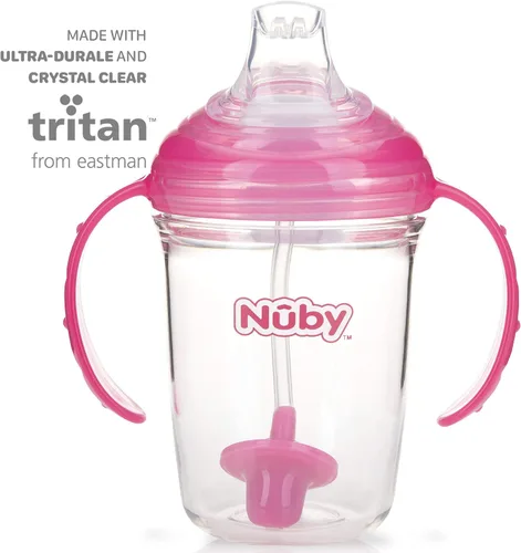 Miniatura 2 de Nuby 360 Grip N' Sip - Vaso Tritan, 8 onzas, popote con peso con funda higiénica, color rosa