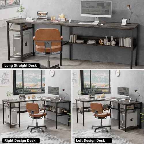 Miniatura 6 de Unikito Escritorio reversible en forma de L con tomas de corriente mágicas y puertos de carga USB, escritorio de esquina para computadora resistente