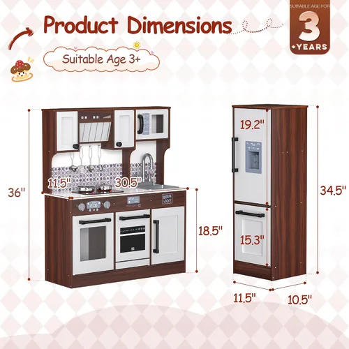 Miniatura 7 de BRINJOY Juego de cocina de madera para niños de 2 piezas, juego de cocina de madera para niños pequeños, cocina de simulación modular con estufa
