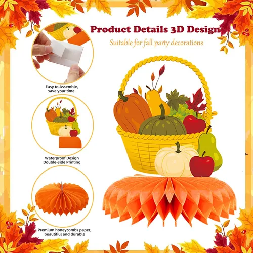Miniatura 3 de Centro de mesa de Acción de Gracias, 9 piezas, decoración de mesa de otoño, calabaza, pavo, panal, Acción de Gracias, centro de mesa para decoración