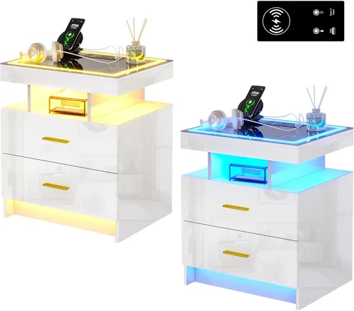 Miniatura 17 de HNEBC Mesita de noche LED con estación de carga, mesita de noche inteligente con luces de sensor de movimiento, 3 cajones, parte superior de vidrio