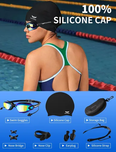 Miniatura 3 de Gafas de natación 7 en 1 + gorro de natación para hombres y mujeres, sin fugas, antivaho y UV, lente de PC con espejo HD de visión amplia
