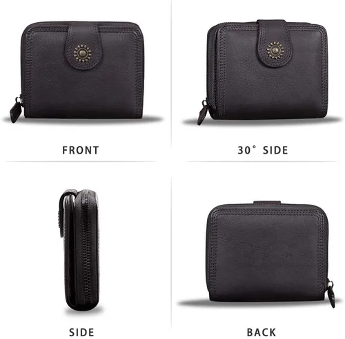 Miniatura 5 de Billeteras de cuero plegables para mujer, estilo vintage, hechas a mano, pequeño, con cremallera, Negro -, Billetera plegable