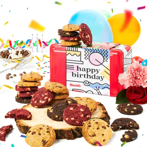 David's Cookies Lata de muestra de regalo de feliz cumpleaños, galletas gourmet crujientes, regalo de aperitivos de panadería para cumpleaños,