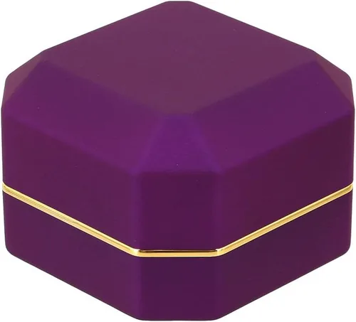Miniatura 4 de Caja de anillo de compromiso de propuesta de terciopelo de forma cuadrada Caja de regalo de moneda de joyería de luz LED (morado)