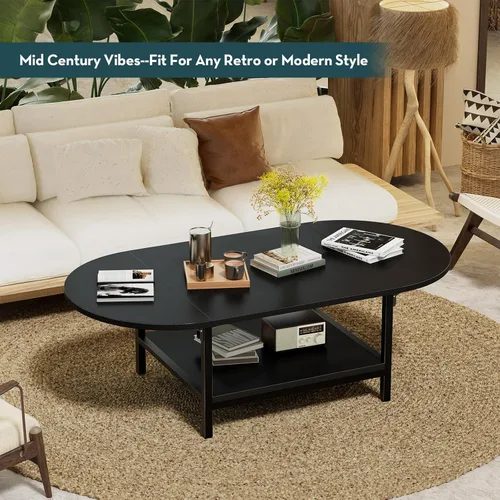Miniatura 5 de SAYGOER - Mesa de café negra moderna con extensión y almacenamiento para sala de estar, mesa central única de 2 niveles con dos paneles plegables
