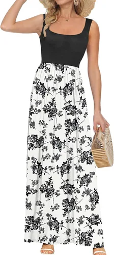 Miniatura 6 de AUSELILY Vestido largo con cuello cuadrado para mujer, sin mangas, floral, holgado, con bolsillos