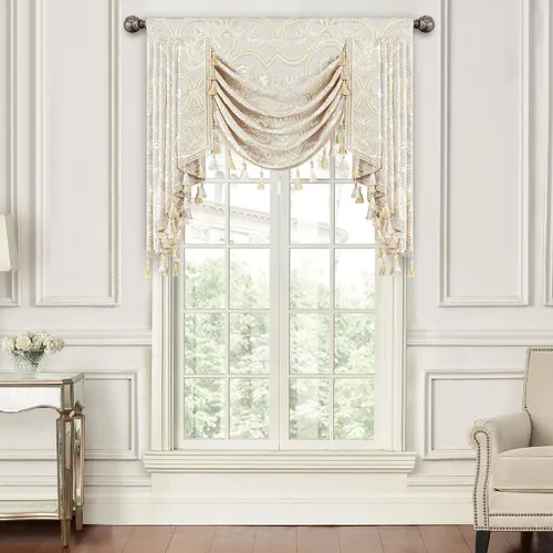 Miniatura 46 de Loom and Mill Cenefa de cascada de lujo de jacquard para sala de estar, elegantes cenefas de ventana con festones y cuentas damascadas, cortinas