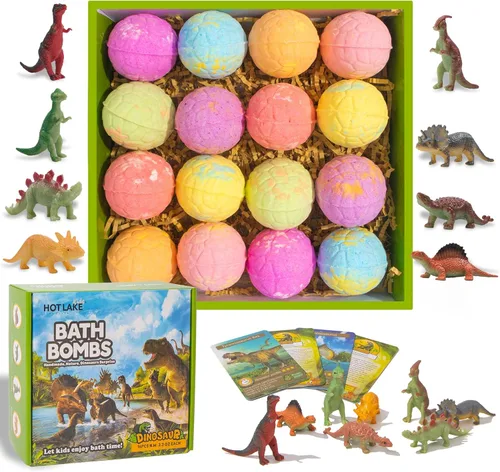 Juego de 16 bombas de baño de dinosaurio, paquete de 16 bombas de baño orgánicas para niños con juguetes sorpresa en el interior. Kit de bombas de
