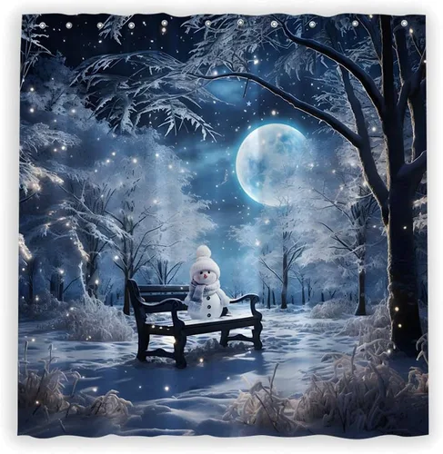 Miniatura 3 de Cortina de ducha de invierno con luna llena, color azul de ensueño, para Navidad, bosque, parque, banco, muñeco de nieve, pino exuberante, nieve