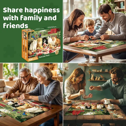 Miniatura 6 de Rompecabezas de 300 piezas para adultos, rompecabezas de 300 piezas para adultos pieza grande, rompecabezas de gatos haciendo picnic divertido