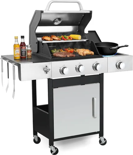 Parrilla de gas propano 3+1 quemador de 39,000 BTU con rejillas de hierro fundido y quemador lateral, tapa de acero inoxidable de doble pared, calor
