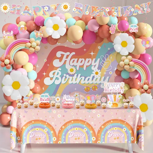 Decoraciones de fiesta Groovy, paquete de 112 piezas de decoraciones de cumpleaños Groovy que incluyen banderines, telones de fondo, manteles,