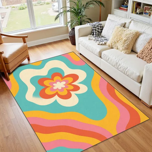 Alfombras bohemias de 4 x 5 para sala de estar, para entrada, estilo retro, psicodélico, psicodélico, ondulado, estilo de los años setenta, alfombra