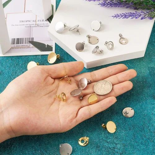 Miniatura 5 de 32 aretes de acero inoxidable 201, aretes redondos planos de acero inoxidable de 24 quilates, con pasador de acero inoxidable 304 para aretes