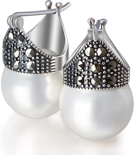 Lotus Fun S925 Aretes estilo gota de perla de concha con plata esterlina, perla de concha simulada blanca, colgantes, para mujeres y niñas, hechos a
