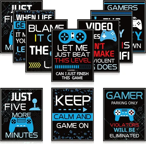 Sumind Cartel de 10 carteles de videojuegos, impresión artística de juego de niño en fiesta de cumpleaños, decoración de pared de palabras Azul