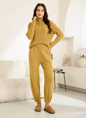 Miniatura 4 de softome Conjunto de 2 piezas para mujer, suéter de manga larga, con cremallera de 14, suéter de punto, pantalones casuales, conjunto de ropa