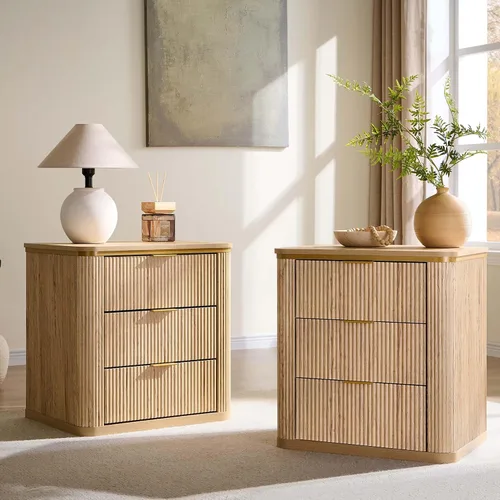 Miniatura 7 de T4TREAM Juego de 2 mesitas de noche grandes de 24" de estilo mitad de siglo moderno con 3 cajones acanalados, mesa auxiliar, mesita de noche