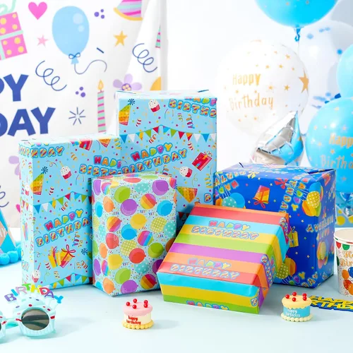 Miniatura 2 de PlandRichW Papel de regalo de cumpleaños, 4 divertidos diseños de fiesta, globos, arcoíris, cupcakes, confeti, plegado de 20 x 29 pulgadas, 12